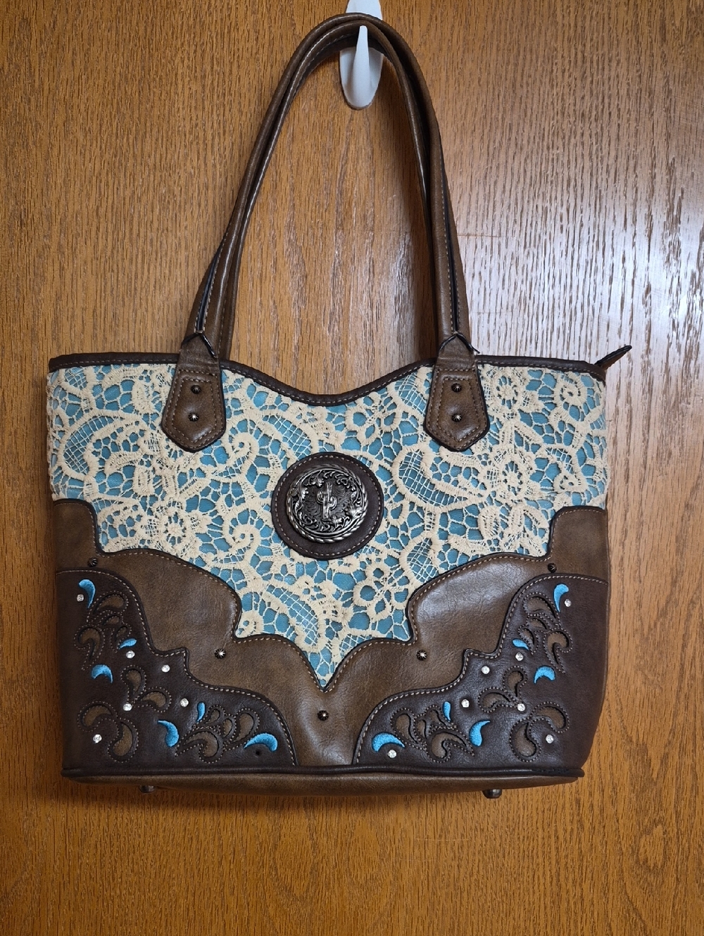 Justin Bag, Brown Faux Leather and Cream Lace Tote with Turquoise Accents